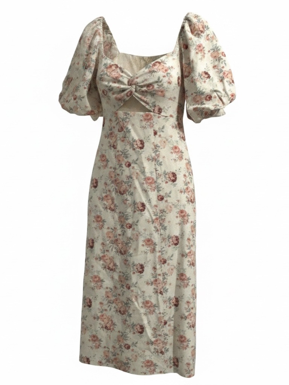Vici Cream Midi Dress with Pink Floral Print and Puff Sleeves